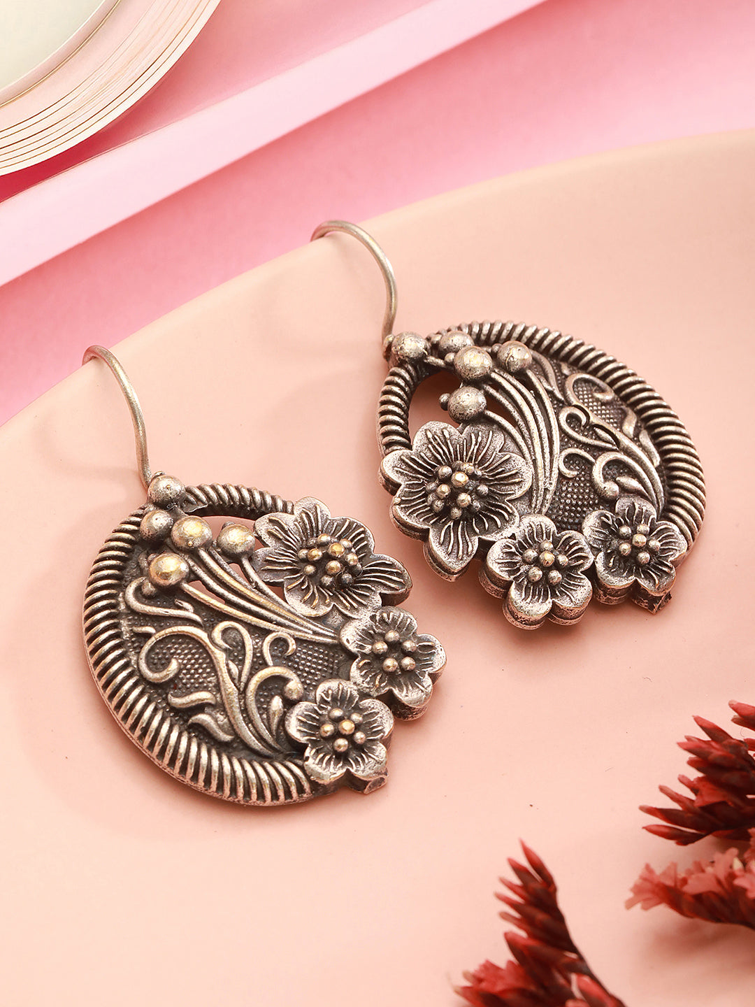 Oxidised Silver Toned Floral Design Minimal Fishhook Drop Earrings