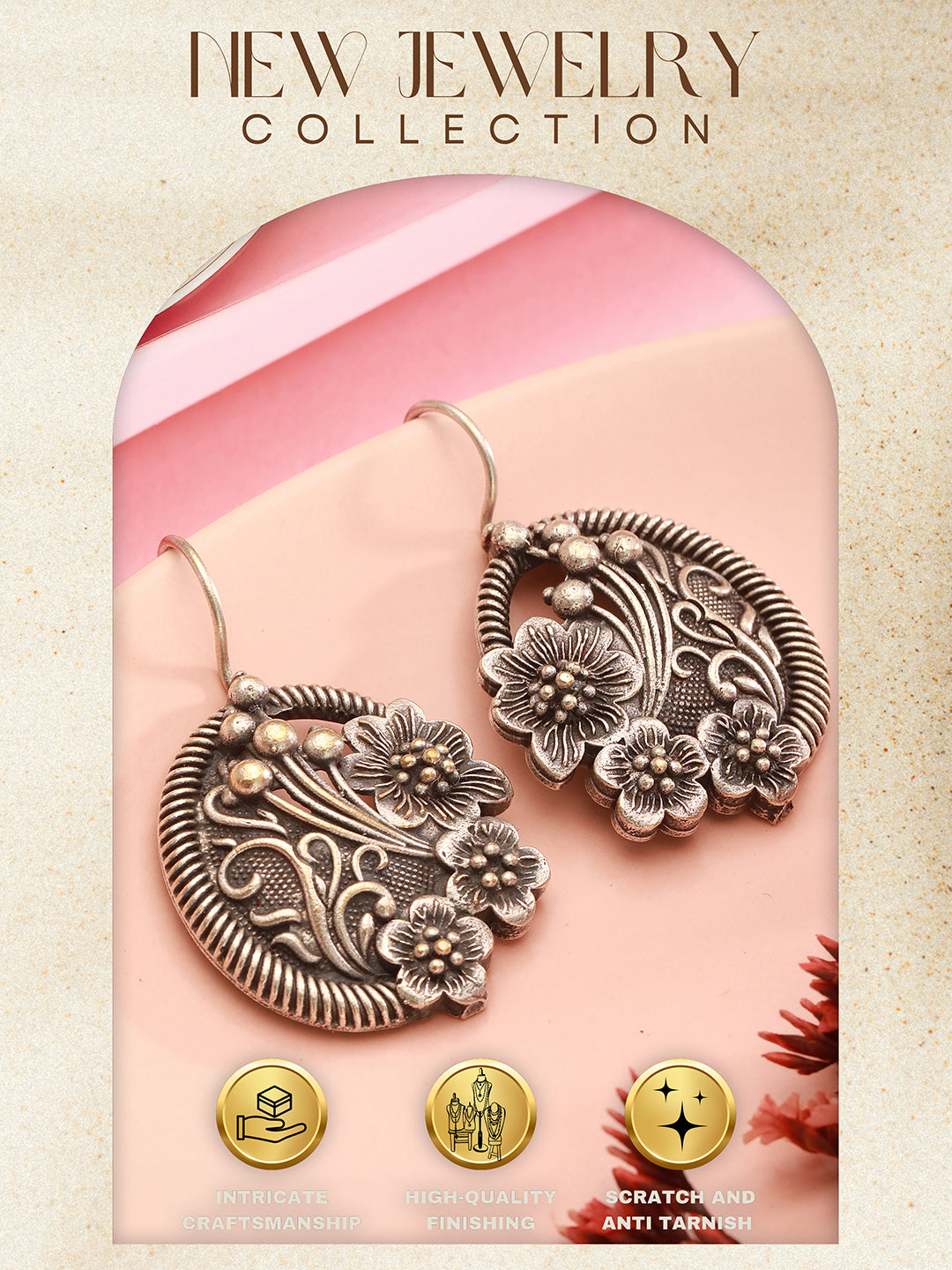 Oxidised Silver Toned Floral Design Minimal Fishhook Drop Earrings