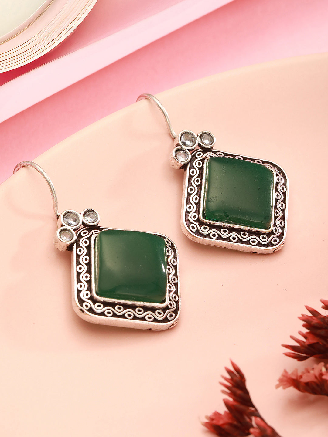 Silver  Oxidised Plated Green  Stone Studded Square Minimal Fish Hook Earrings
