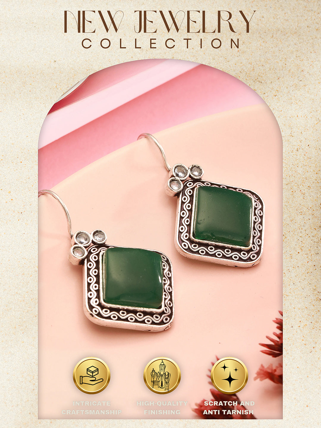 Silver  Oxidised Plated Green  Stone Studded Square Minimal Fish Hook Earrings