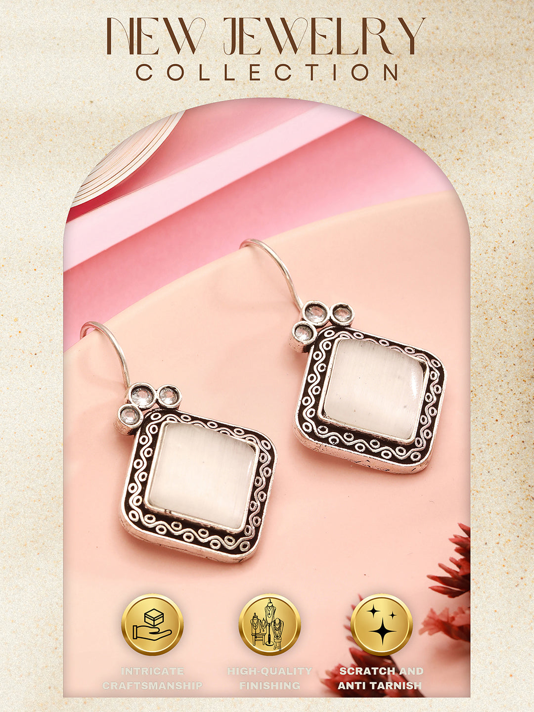 Silver Oxidised  Plated White Stone Studded Square Minimal Fish Hook Earrings