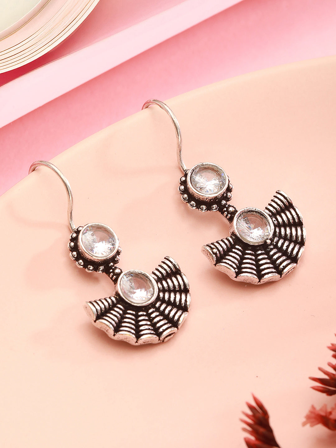 Oxidised Silver Plated White Stone Studded Minimal Fan Shaped Fishhook Earrings