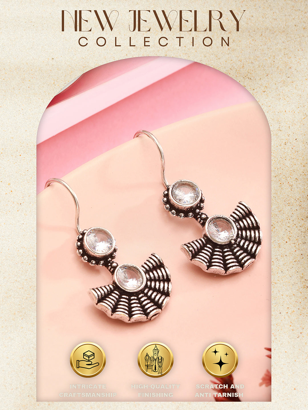 Oxidised Silver Plated White Stone Studded Minimal Fan Shaped Fishhook Earrings