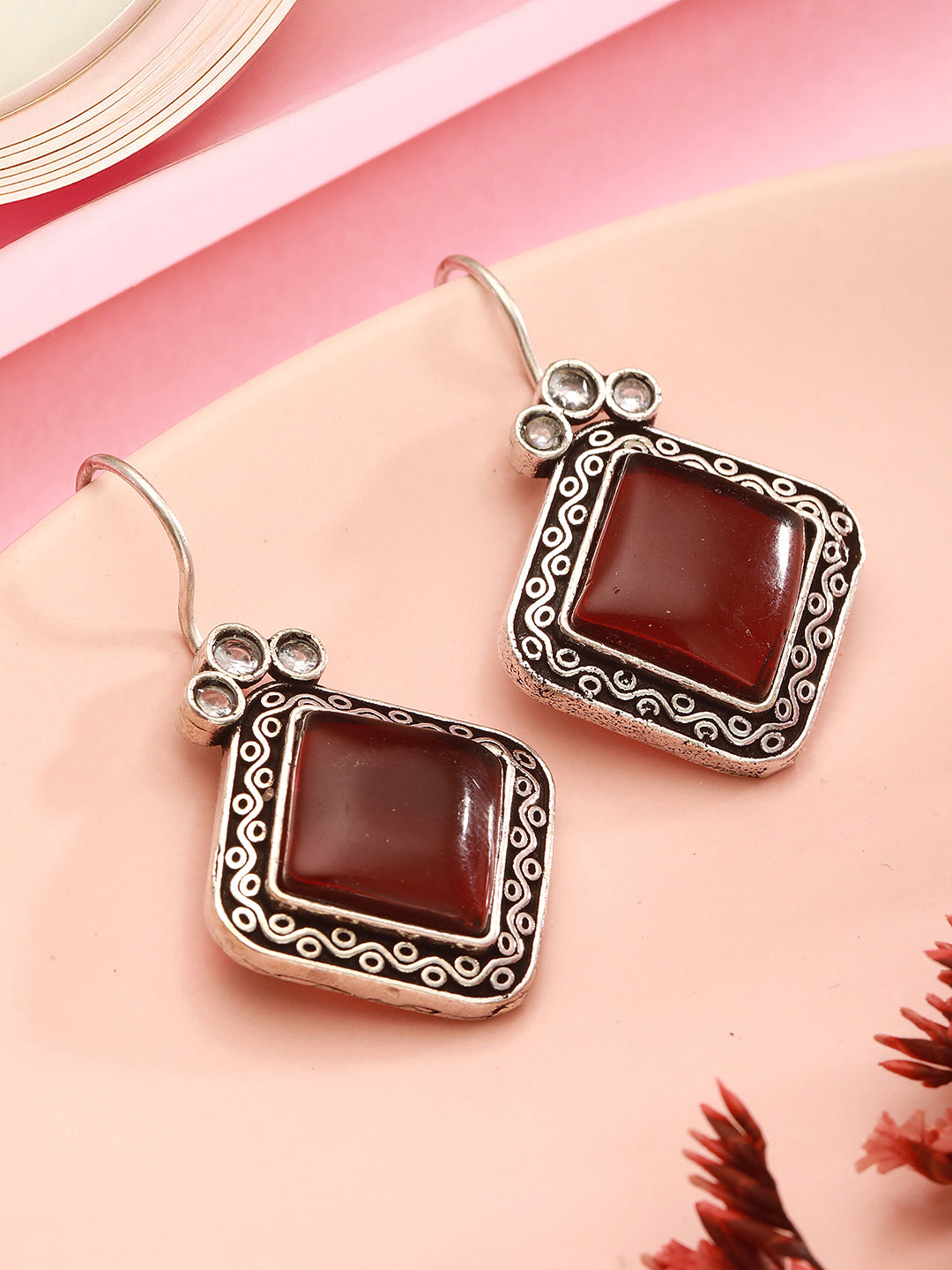Oxidised Silver Plated Red  Stone Studded Square Minimal Fish Hook Earrings