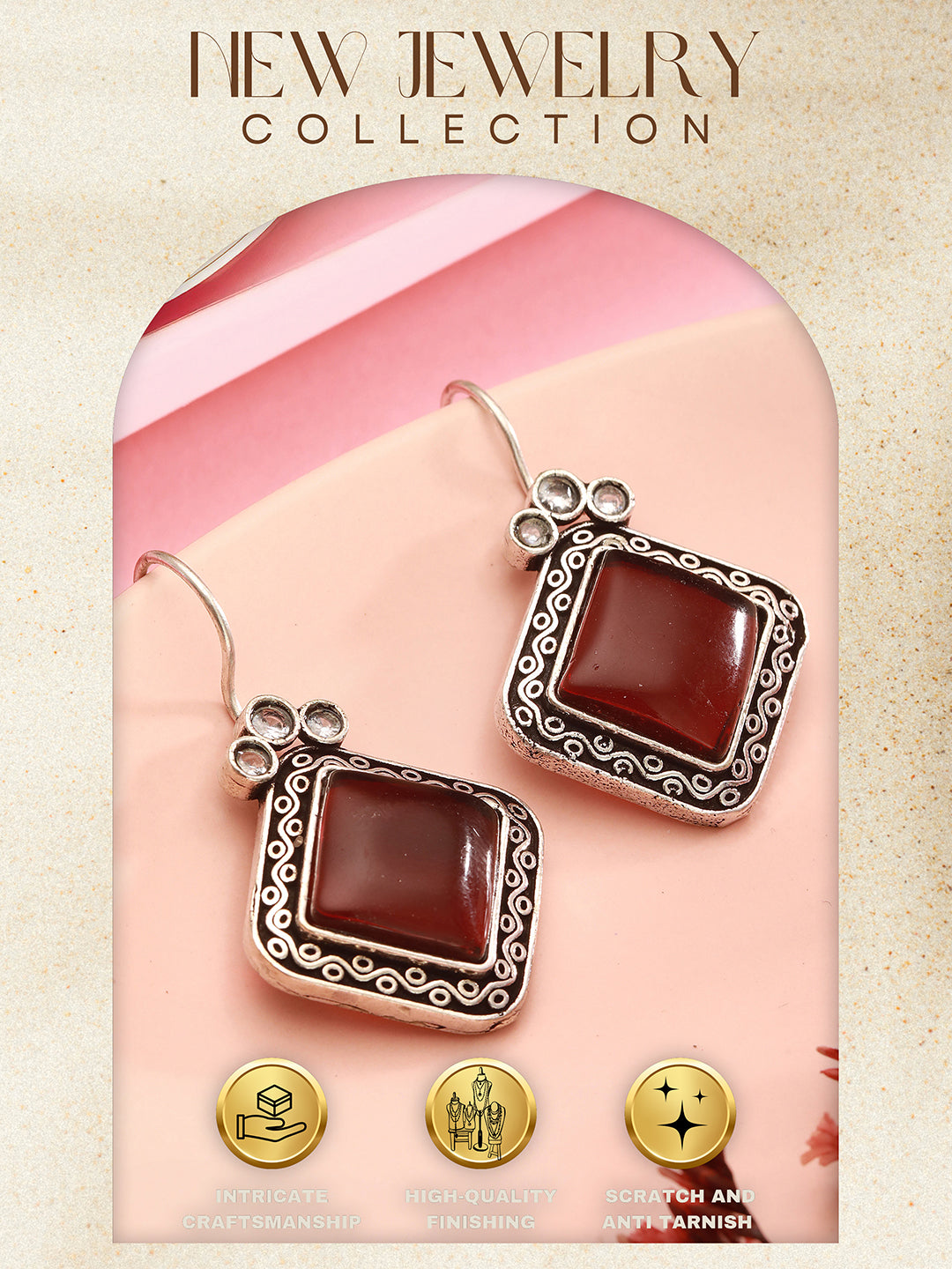Oxidised Silver Plated Red  Stone Studded Square Minimal Fish Hook Earrings