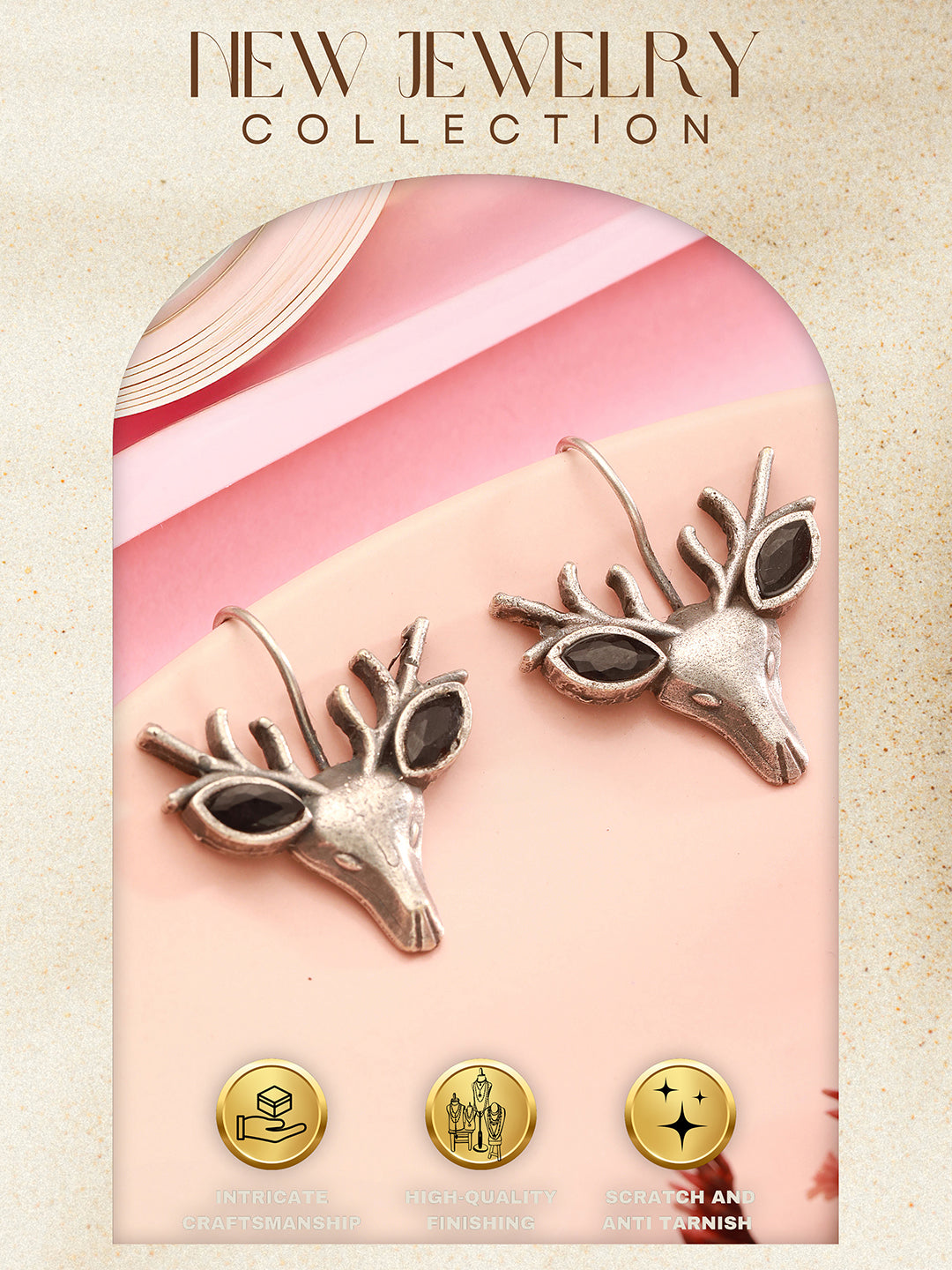 Oxidised Silver Toned Handcrafted Swamp Deer Shaped Studds Earrings