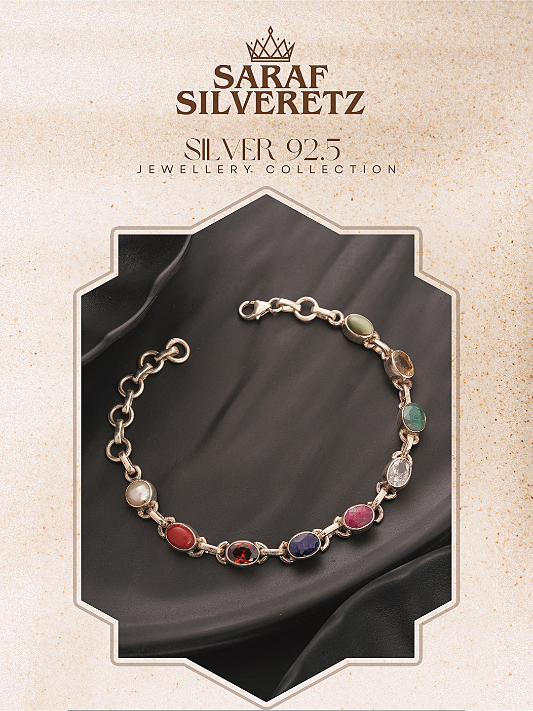 925 Silver Navratna  Natural Gemstones Studded Handmade Minimal Delicate Charms Adjustable Bracelet