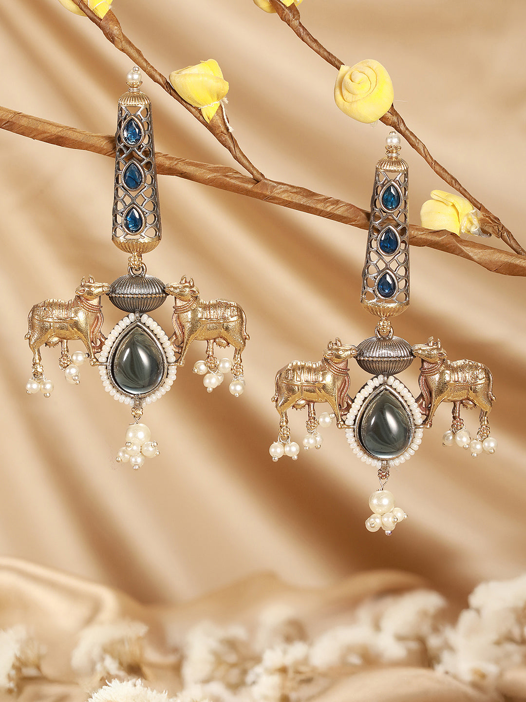 Oxidised Silver Plated Dual Plated Turquoise Blue Pearl Beaded Bull Motif  Contemporary Dangle  Earrings