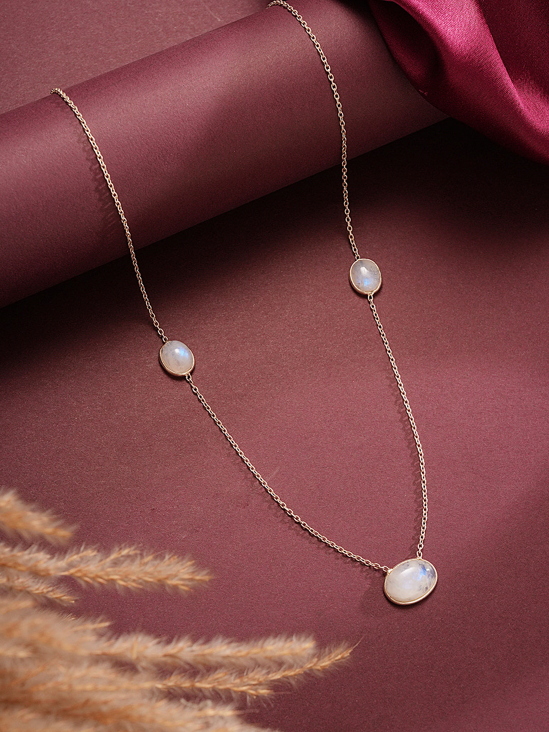 925 Sterling Silver White Moonstone  Gemstone Studded Minimal Boho Necklace & Chain