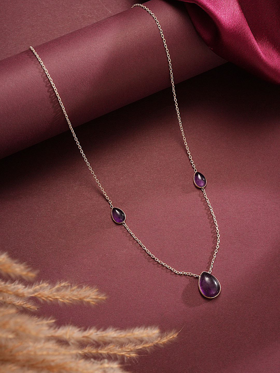 925 Sterling Silver Amethyst Gemstone Studded Minimal Boho Necklace & Chain