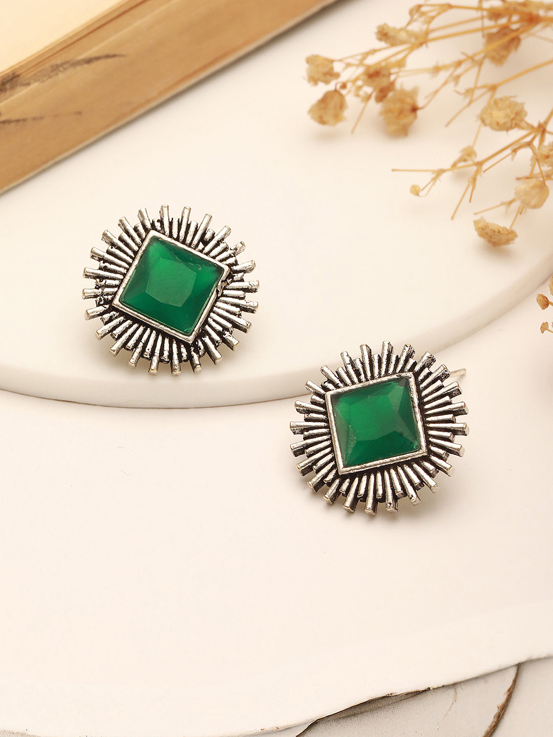 Oxidised Silver Toned  Emerald Green  Stone Studded Geometric Square Shaped Minimal Studds Earrings