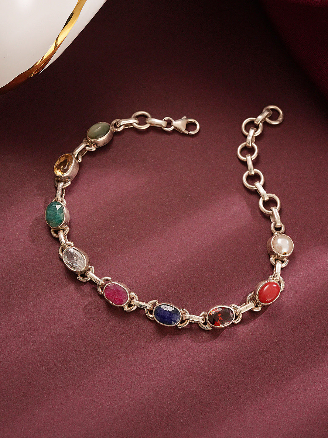 925 Silver Navratna  Natural Gemstones Studded Handmade Minimal Delicate Charms Adjustable Bracelet