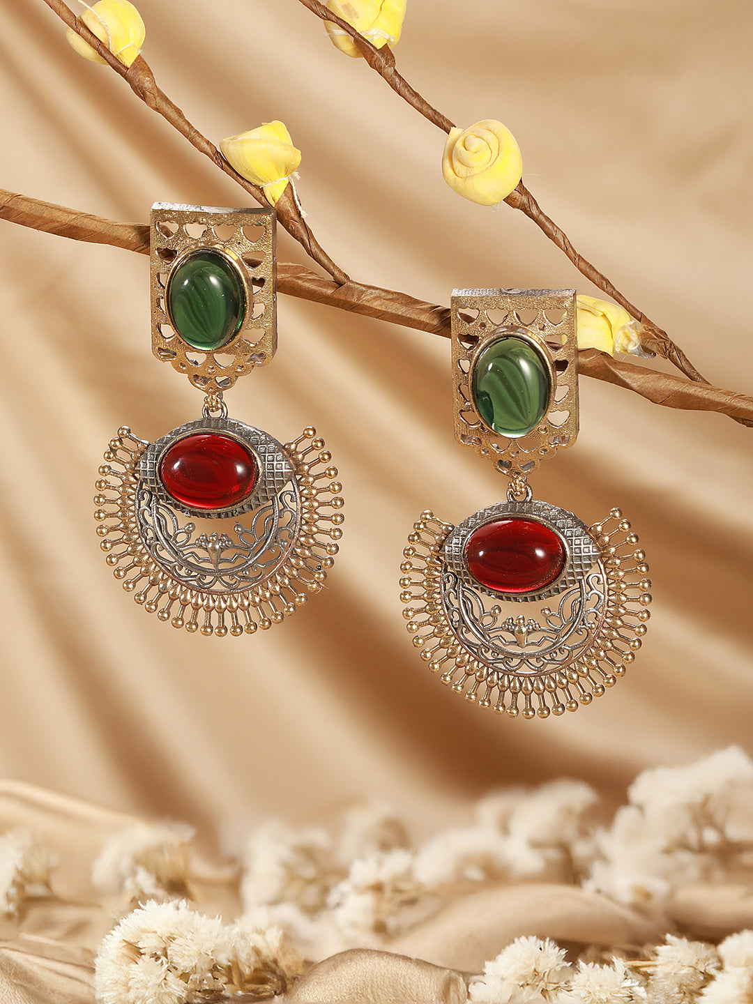 Antique Gold-Toned Dual Red & Green Stone  Engraved  Handcrafted Dangler  Earrings