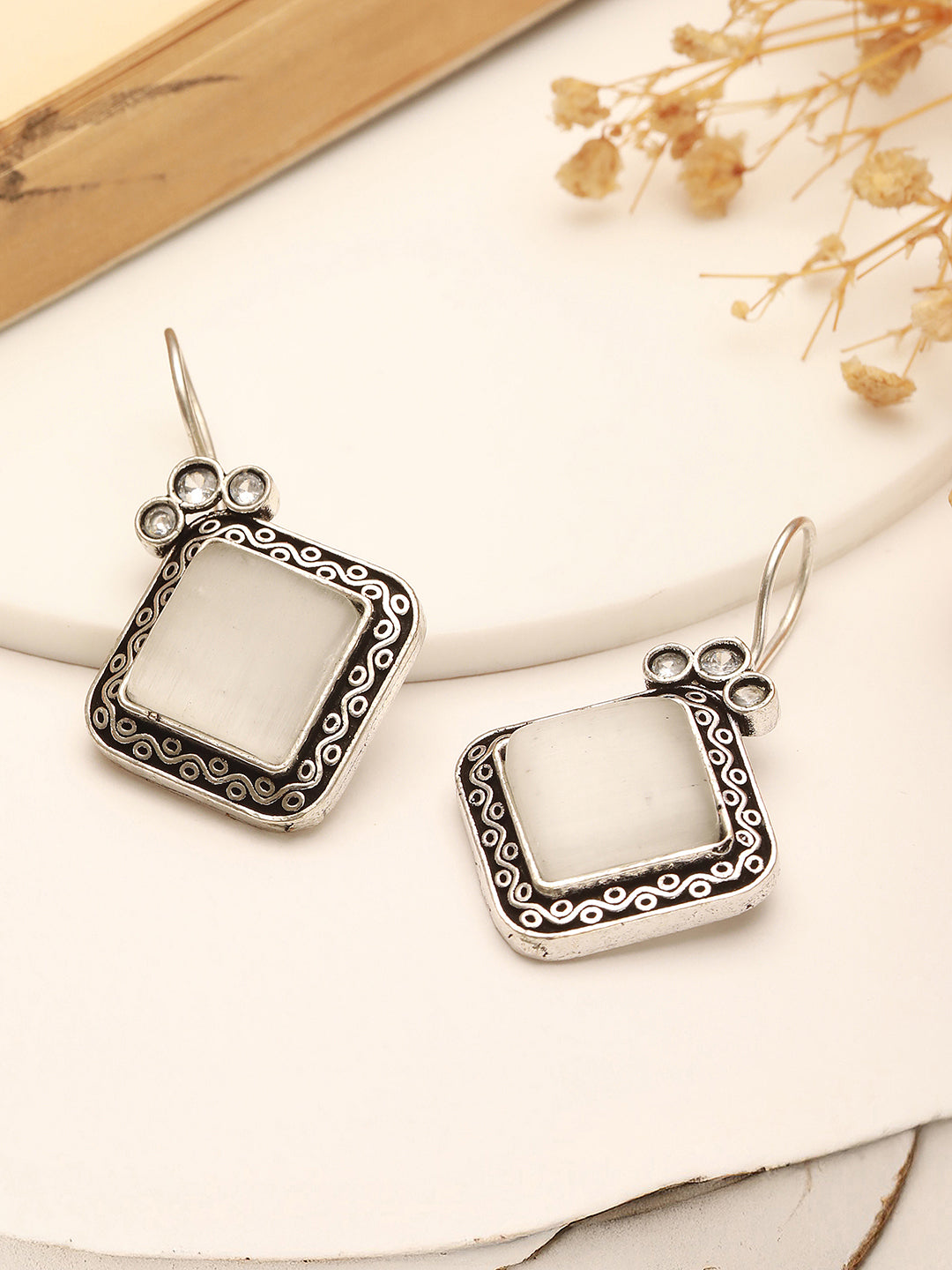 Silver Oxidised  Plated White Stone Studded Square Minimal Fish Hook Earrings