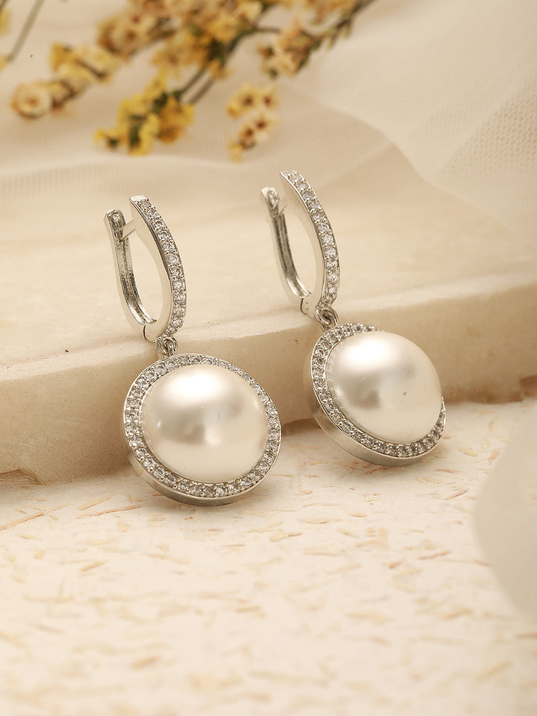 Silver Plated AD  Studded Circular Pearl  Drop Minimal Bali dangler Earrings