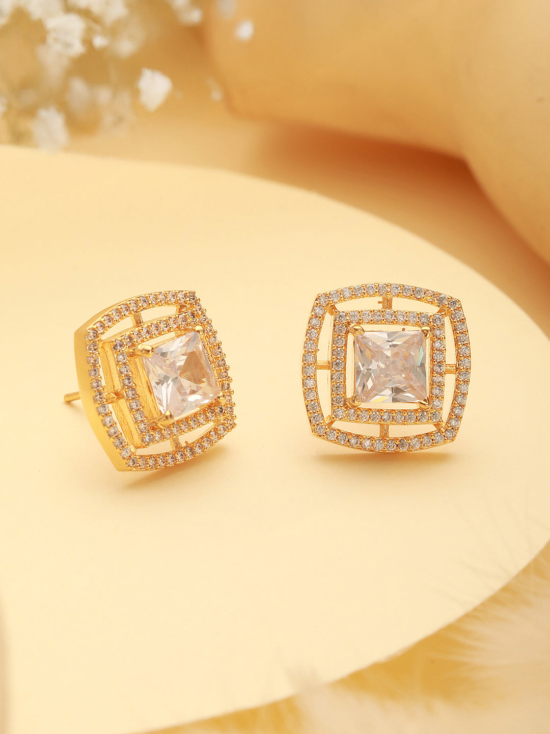 Gold Plated AD Studded Delicate Minimal Maze Solitaire Studds Earrings