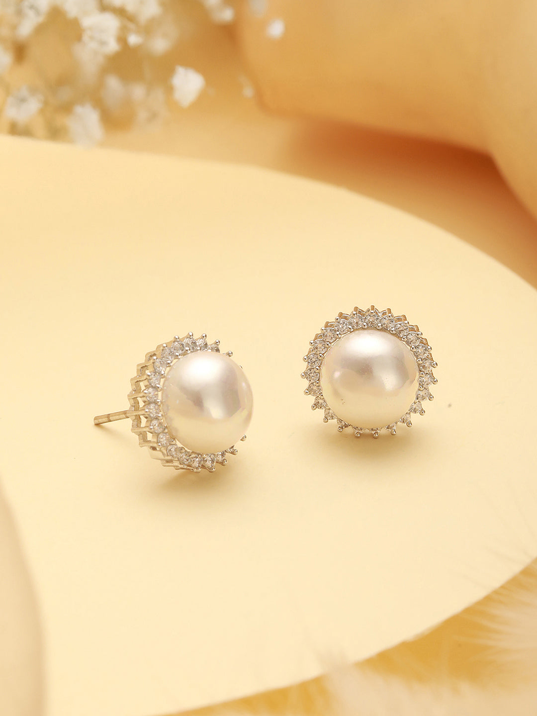White Rhodium AD & Pearl Studded  Classic Minimal Solitaire Studds Earrings