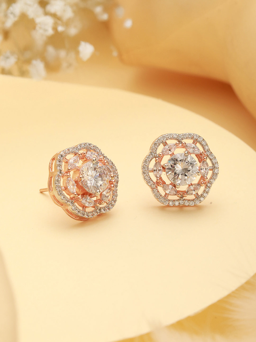 Rose Gold Polished White AD Studded  Floral Minimal Solitaire  Studds Earrings