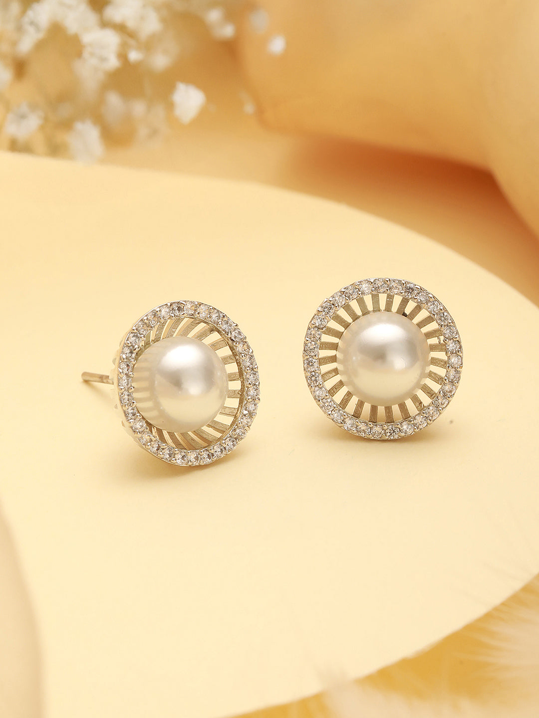 Silver Plated AD Studded Orbital  Pearl Minimal Studds Earrings
