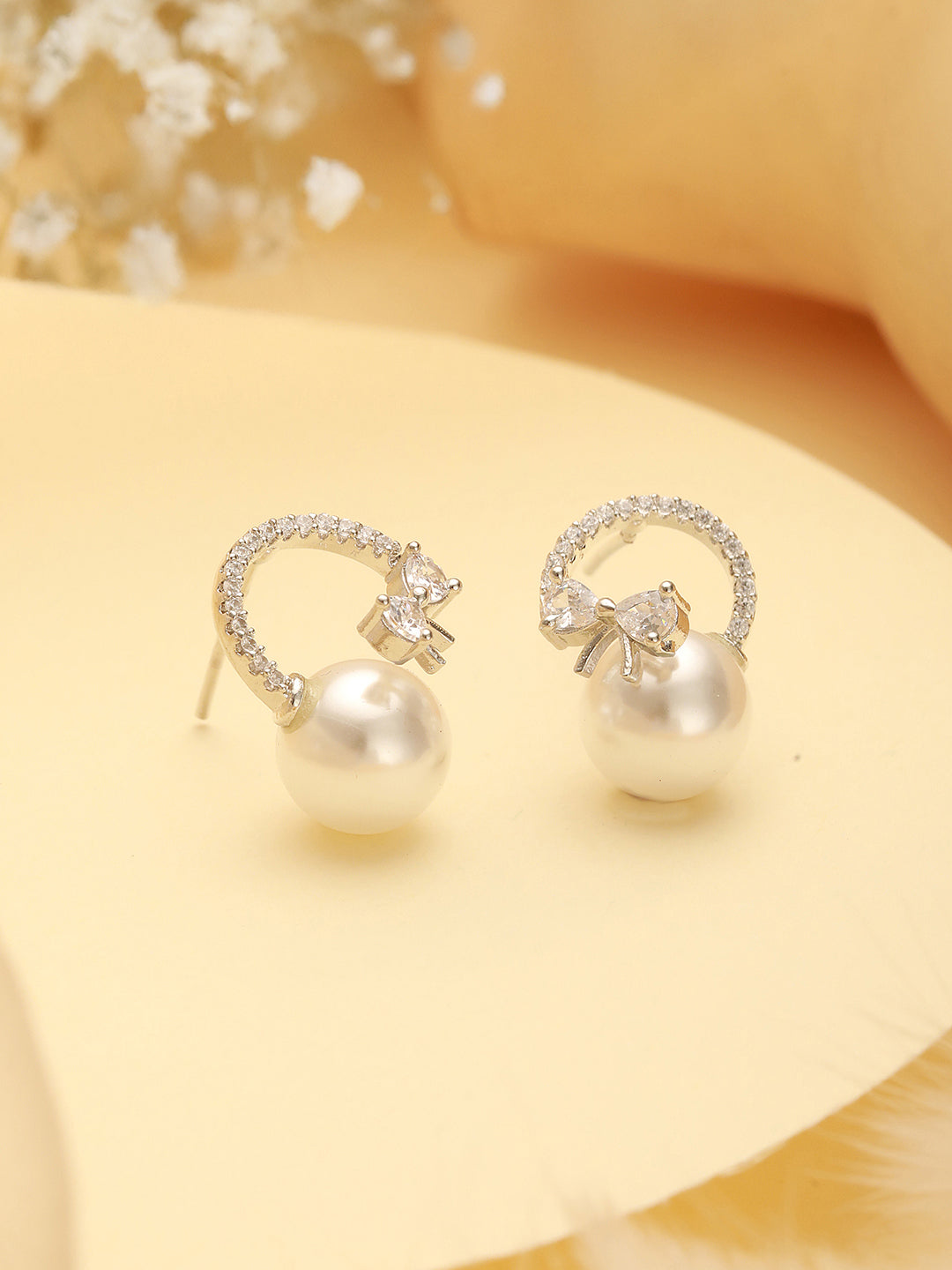 White Rhodium Plated AD Studded Minimal Bow Dailywear Studds Earrings