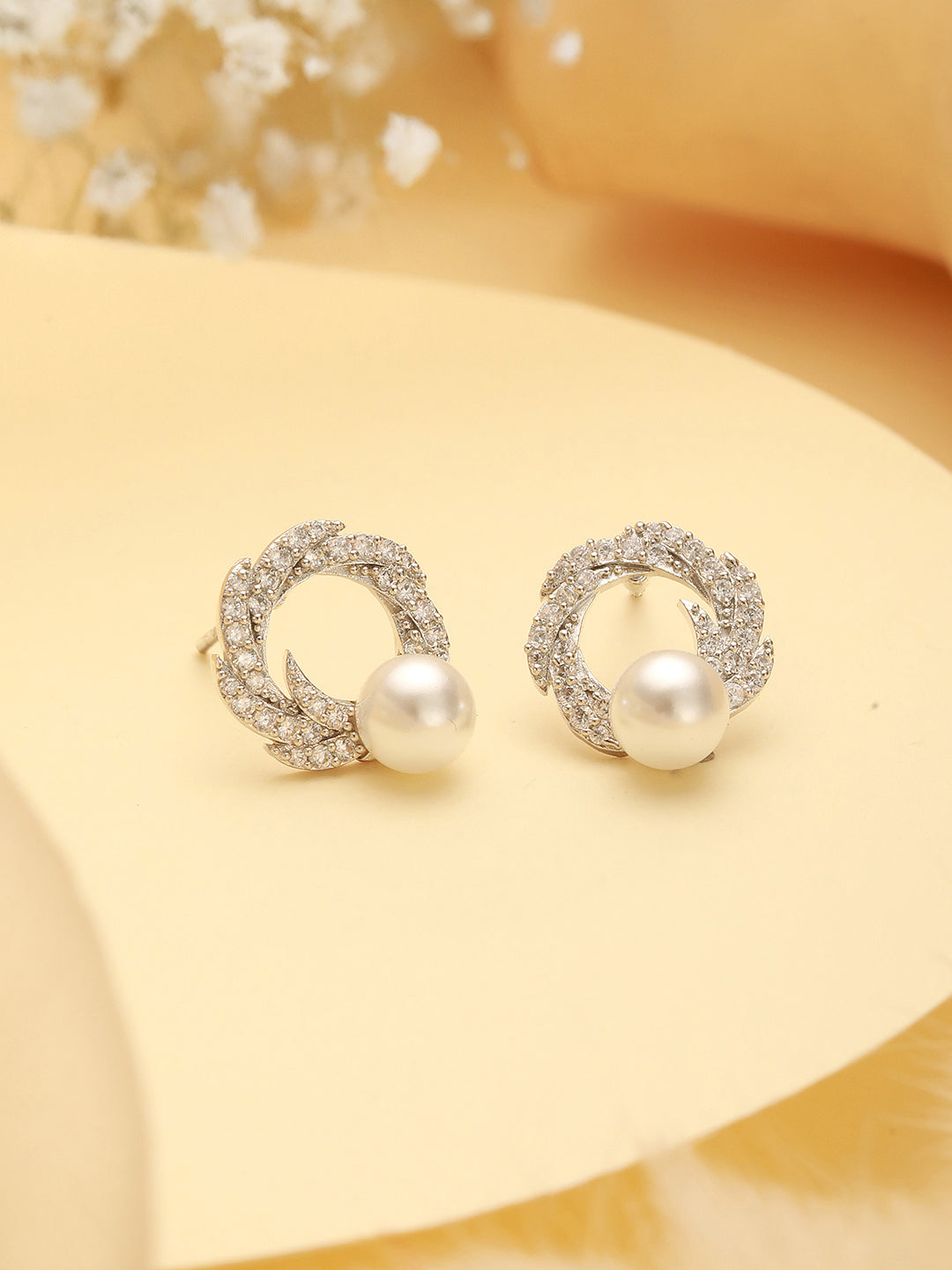 Silver Plated AD & Pearl Studded Floral Minimal  Contemporary Studds earrings