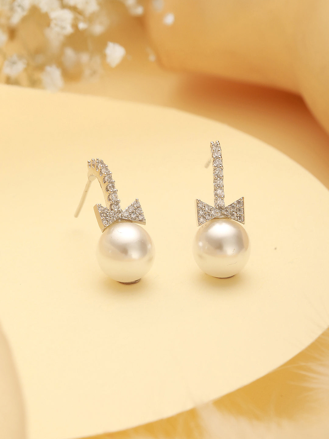 White Rhodium Plated AD  & Pearl Studded Bow Pearl Drop  Minimal earrings