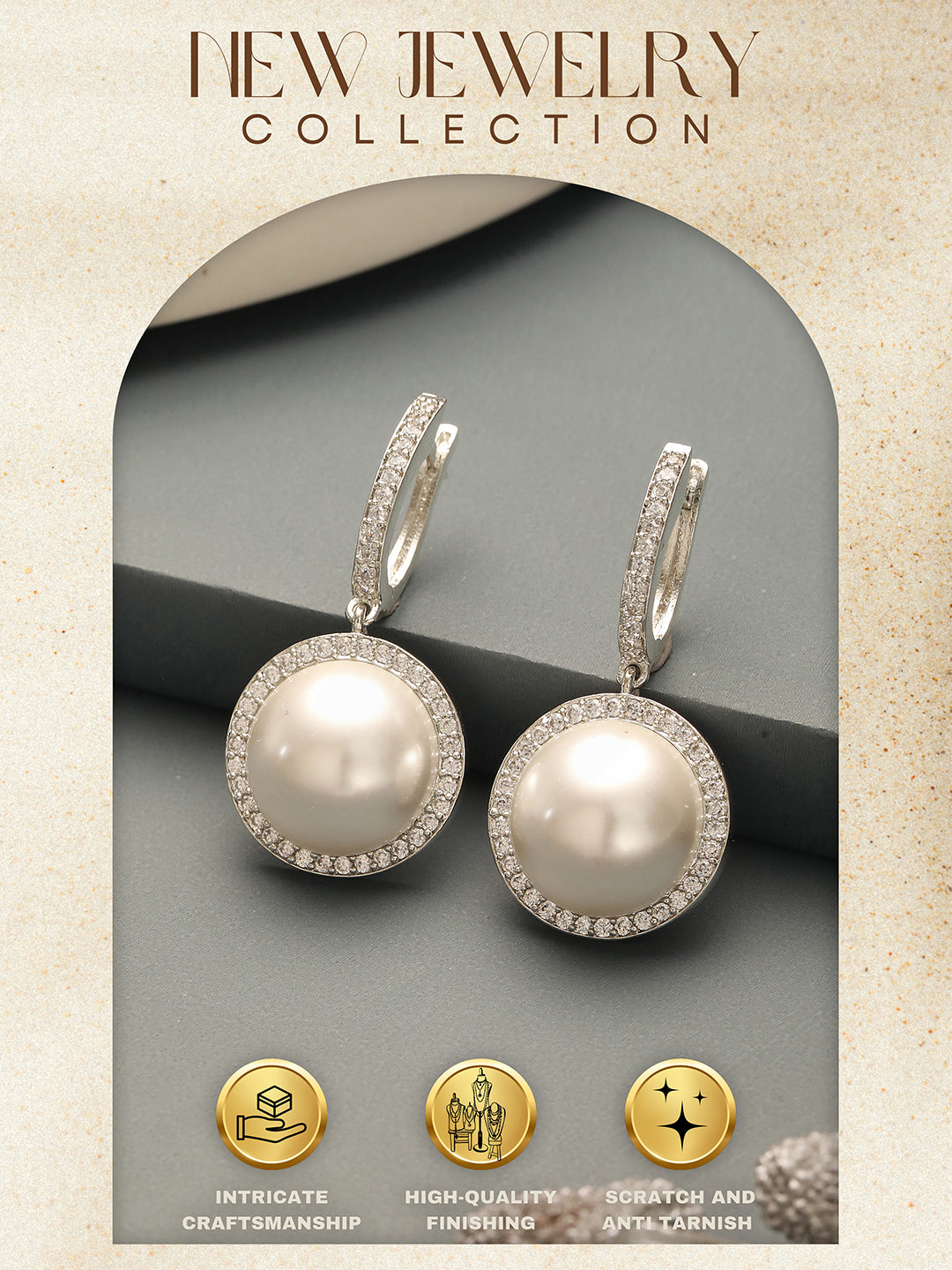 Silver Plated AD  Studded Circular Pearl  Drop Minimal Bali dangler Earrings