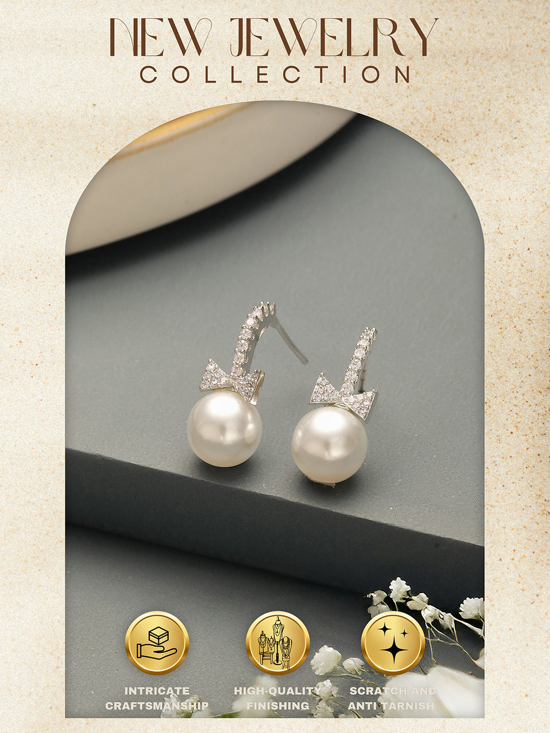 White Rhodium Plated AD  & Pearl Studded Bow Pearl Drop  Minimal earrings
