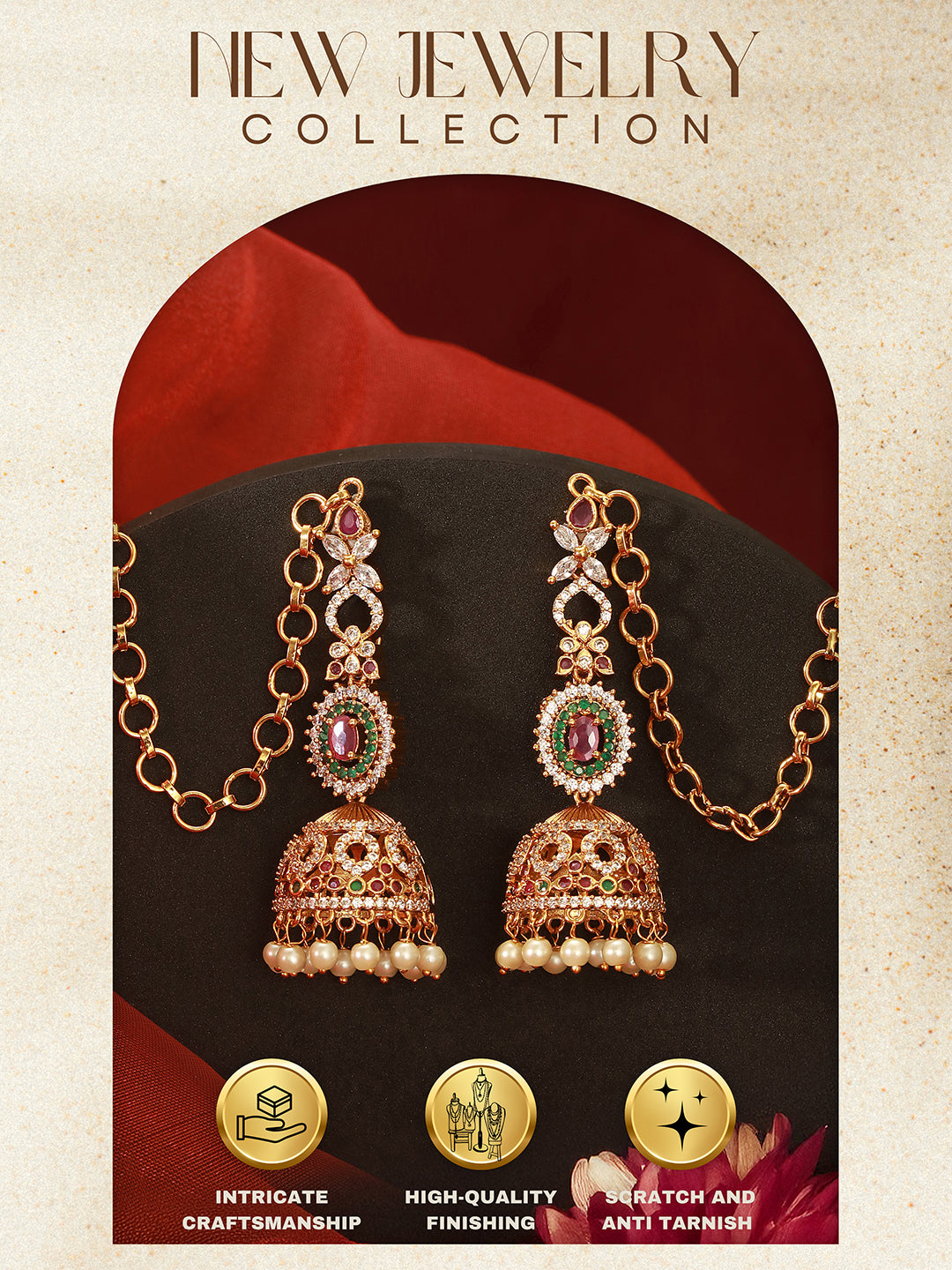 Antique Gold Plated Ruby Red Zircon AD Studded With Matil Earchain Earrings