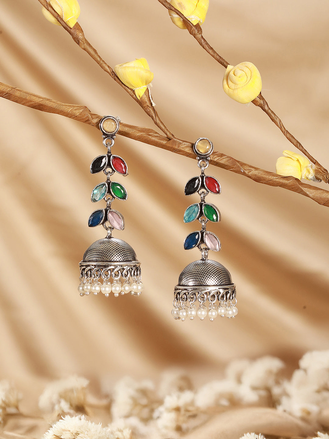 Oxidised Silver Toned Multicolored Handcrafted  Leaf Design Dangler Minimal Jhumka  Earrings