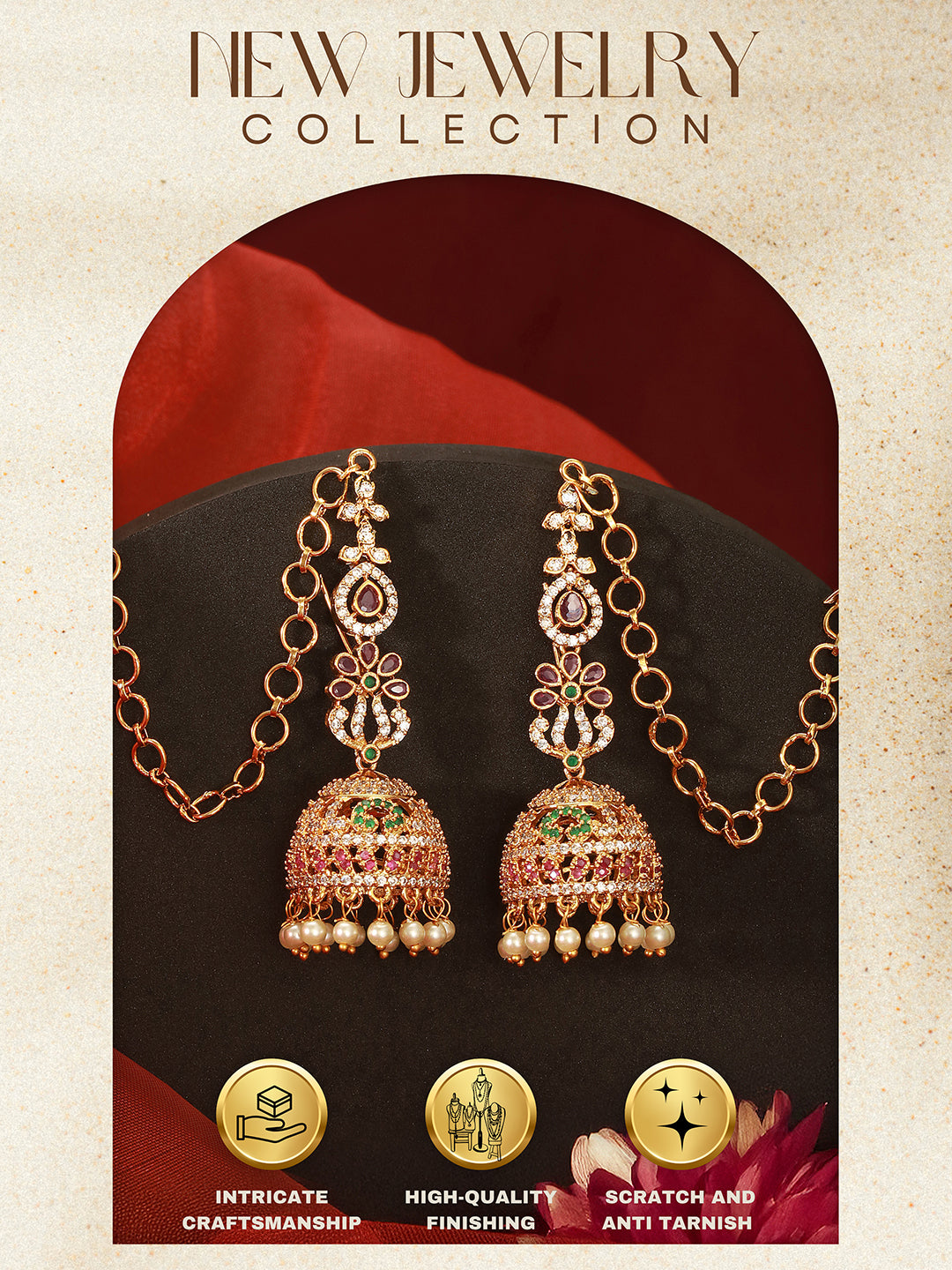 Gold Plated Zircon AD Studded Floral Bridal Matil Earchain  Earrings