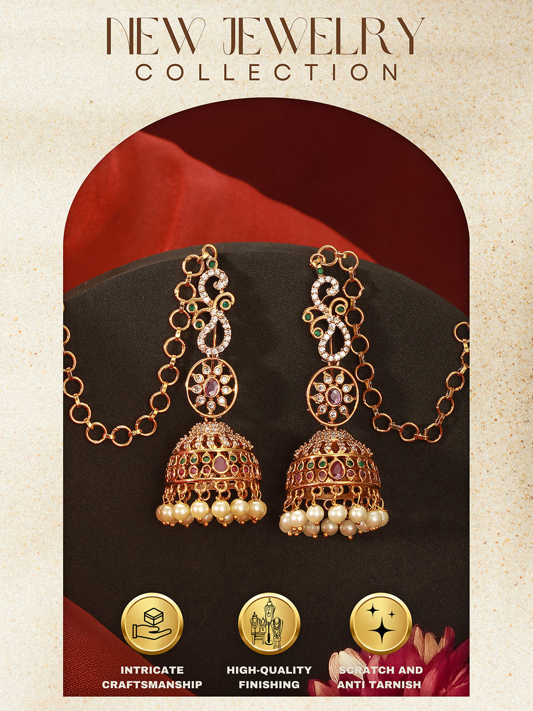 Gold Plated Zircon AD Studded  Red Floral Bridal Matil Earchain  Earrings