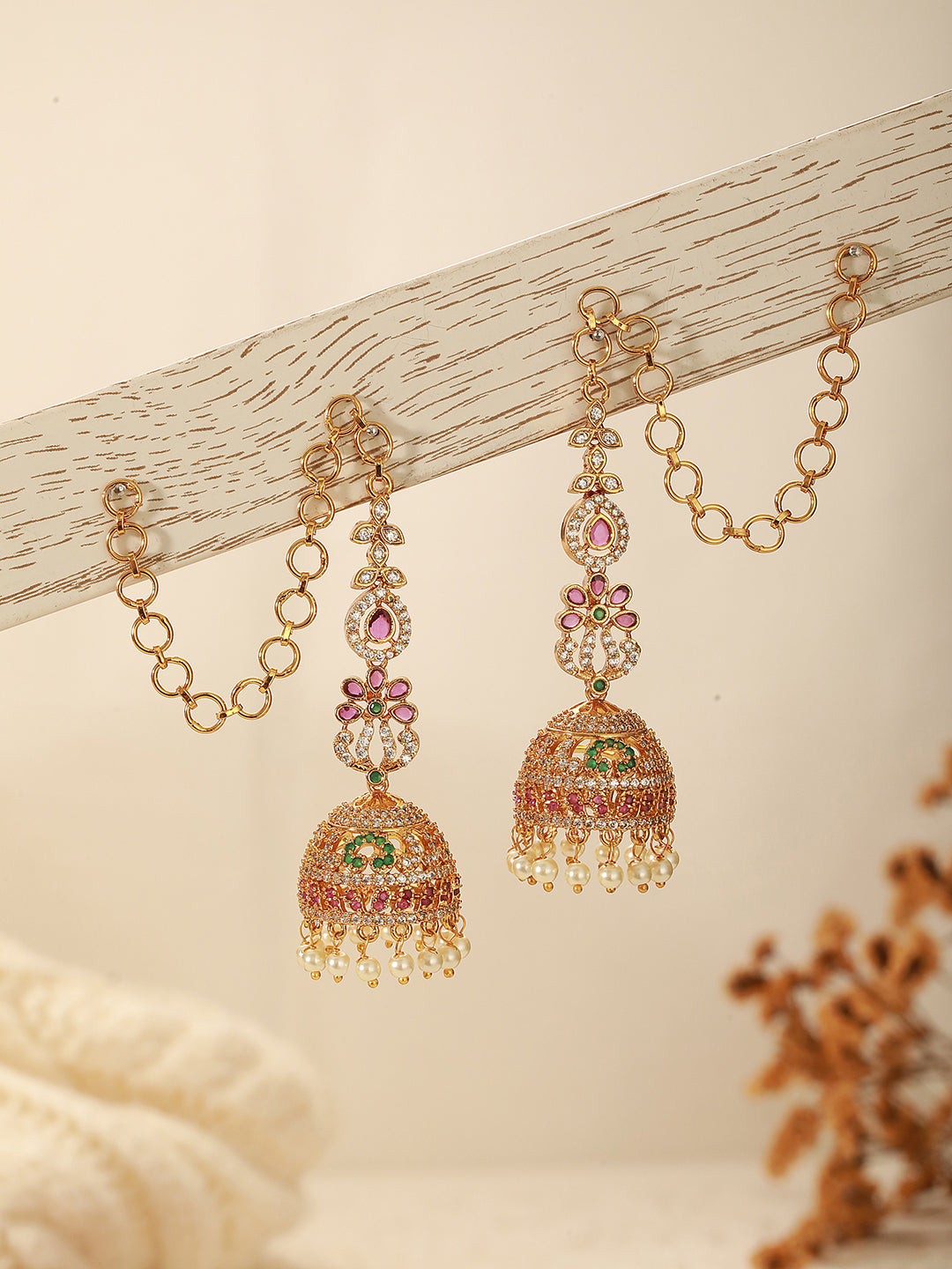 Gold Plated Zircon AD Studded Floral Bridal Matil Earchain  Earrings