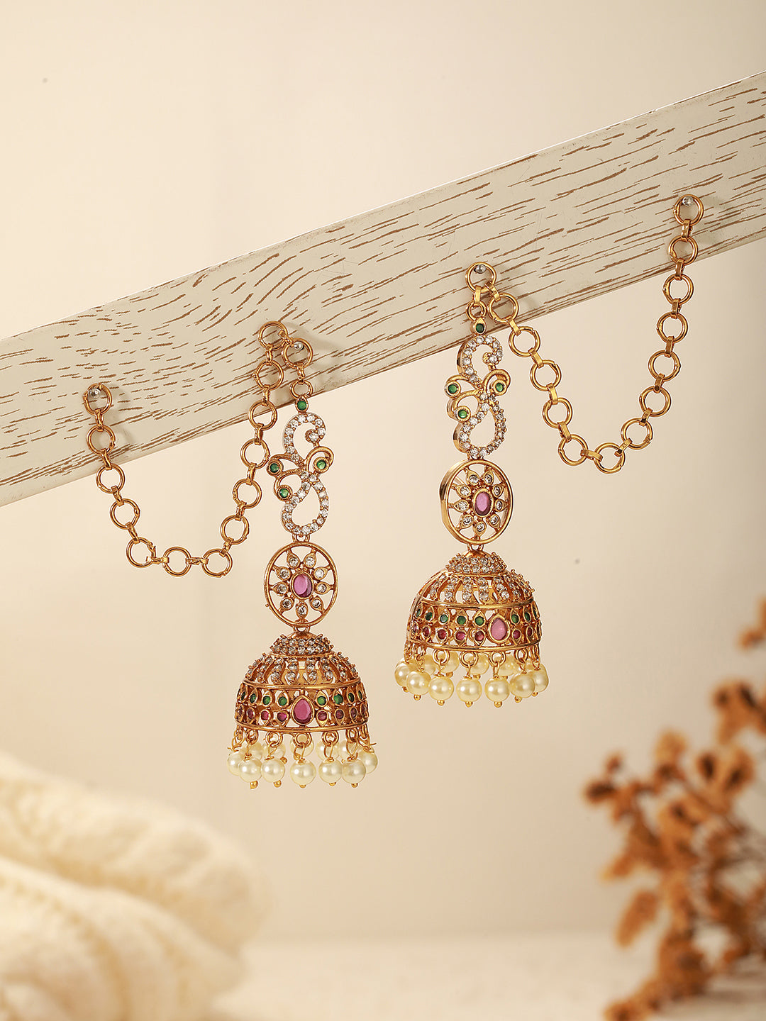 Gold Plated Zircon AD Studded  Red Floral Bridal Matil Earchain  Earrings