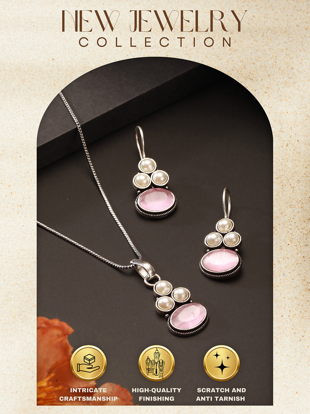 Oxidised Silver Toned Pink  Stone & Pearl Beaded Minimal Pendant Chain Jewellery Set