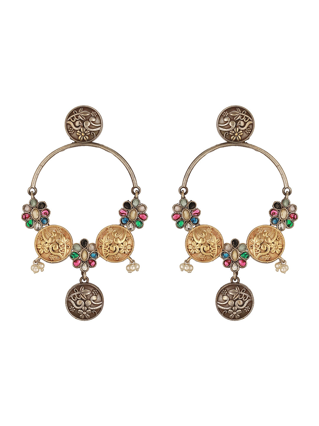 Oxidised Dual Toned Red Stone Pearl Beaded Handcrafted  Floral  Filigree large  Hoop  Chandbali Earrings