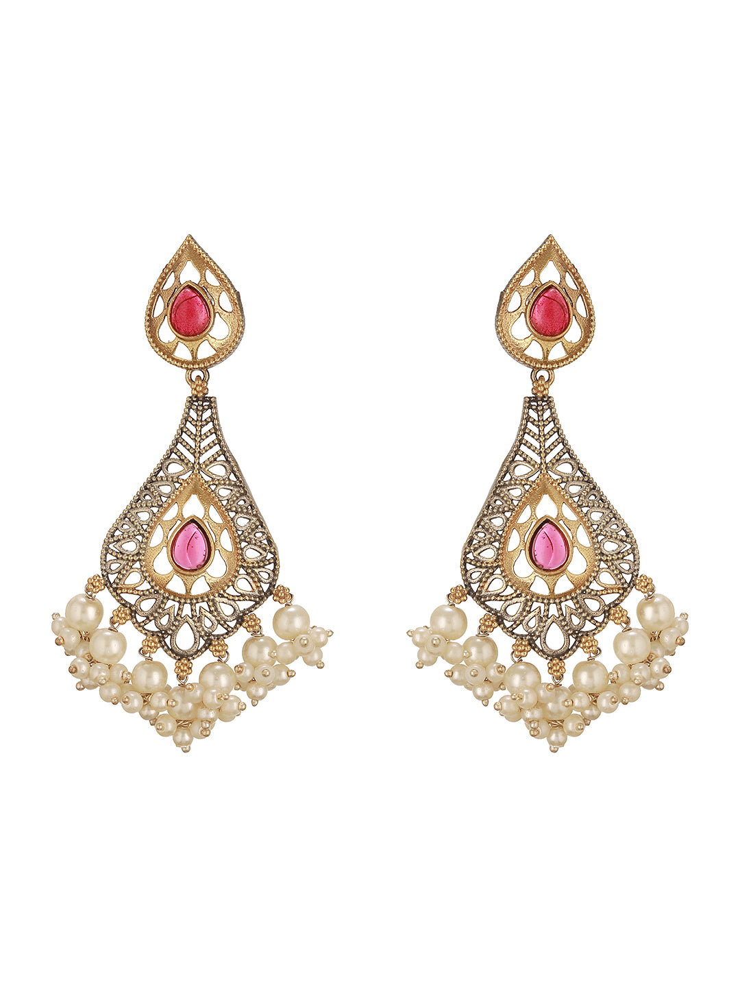 Oxidised Red Stone Studded Filigree Handcrafted Dangler Chandbali Earrings