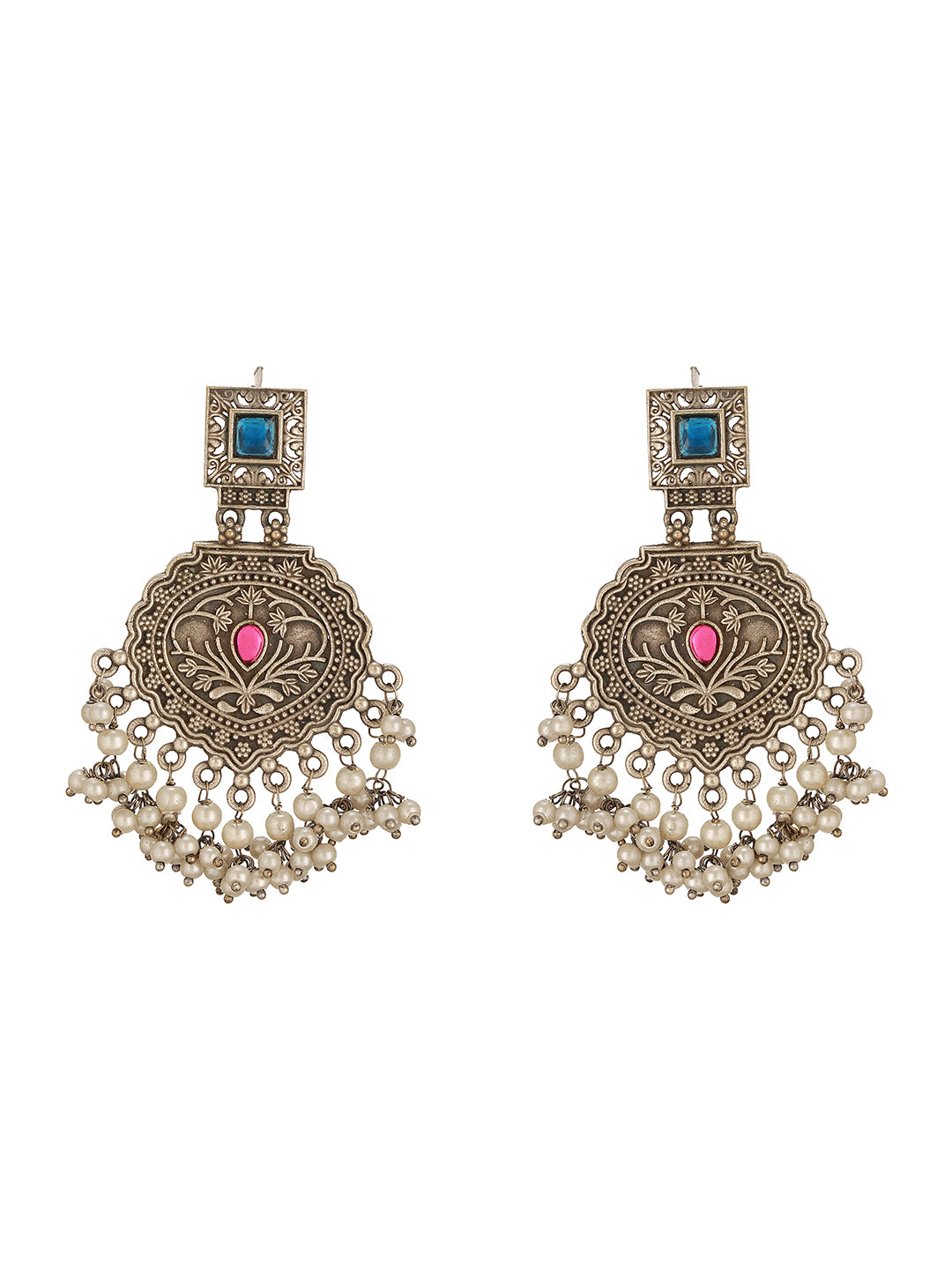 Oxidised Silver Toned Intricate Handcrafted Pearl Beaded Dangler  Trendy Chandbali earrings