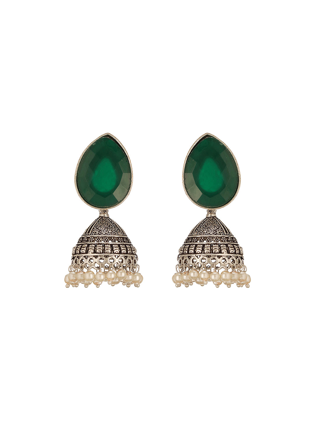 Oxidised Silver Toned Emerald Green Stone & Pearl Beaded Filigree Handcrafted Minimal Jhumka earrings