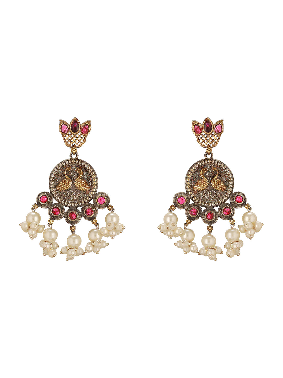 Oxidised Dual Toned Red Stone Pearl Beaded Handcrafted  Peacock Filigree Chandbali Earrings