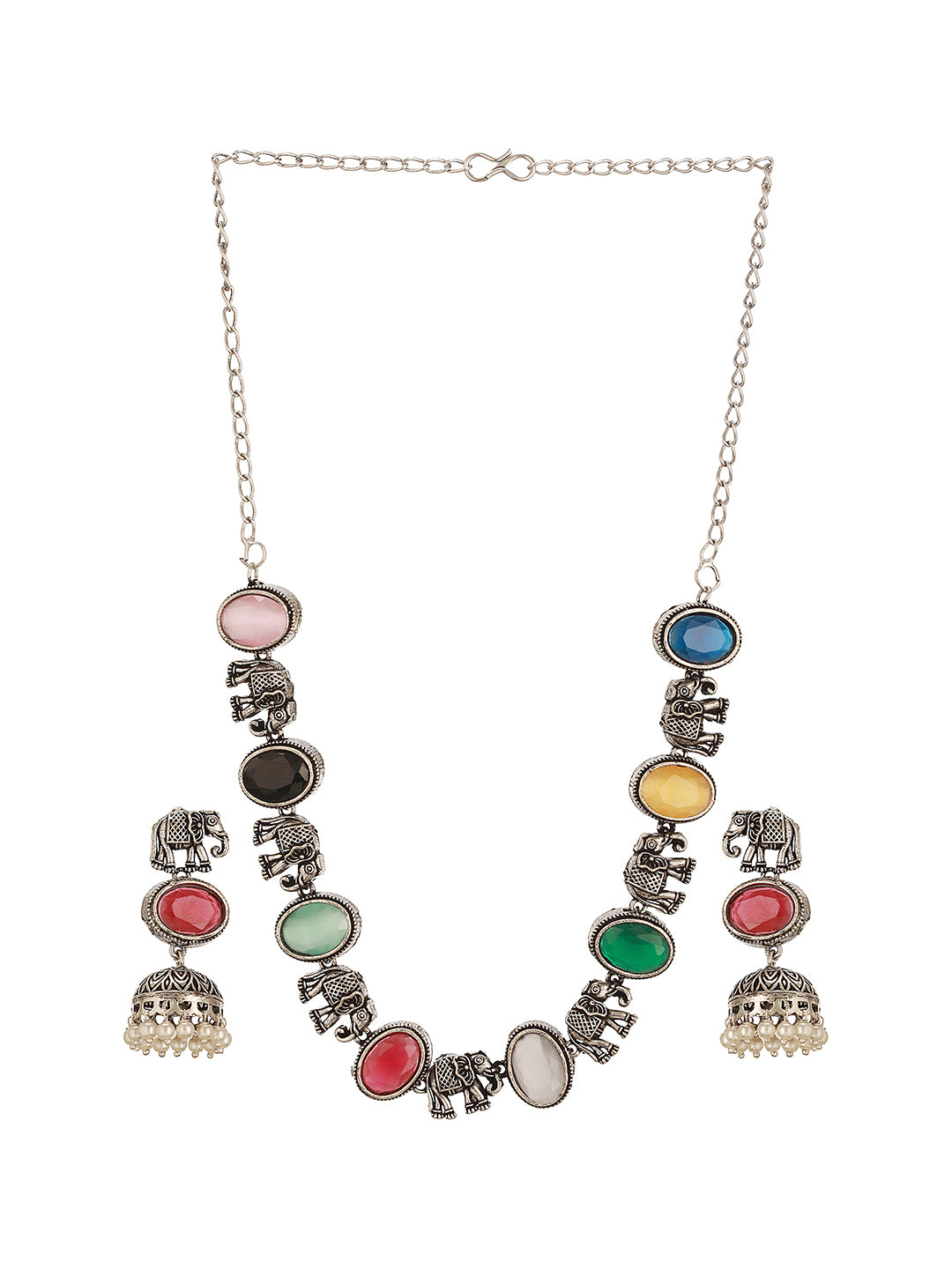 Oxidised Silver Toned Navratan Multicolored Elephant Motif Statement Choker Jewellery Set