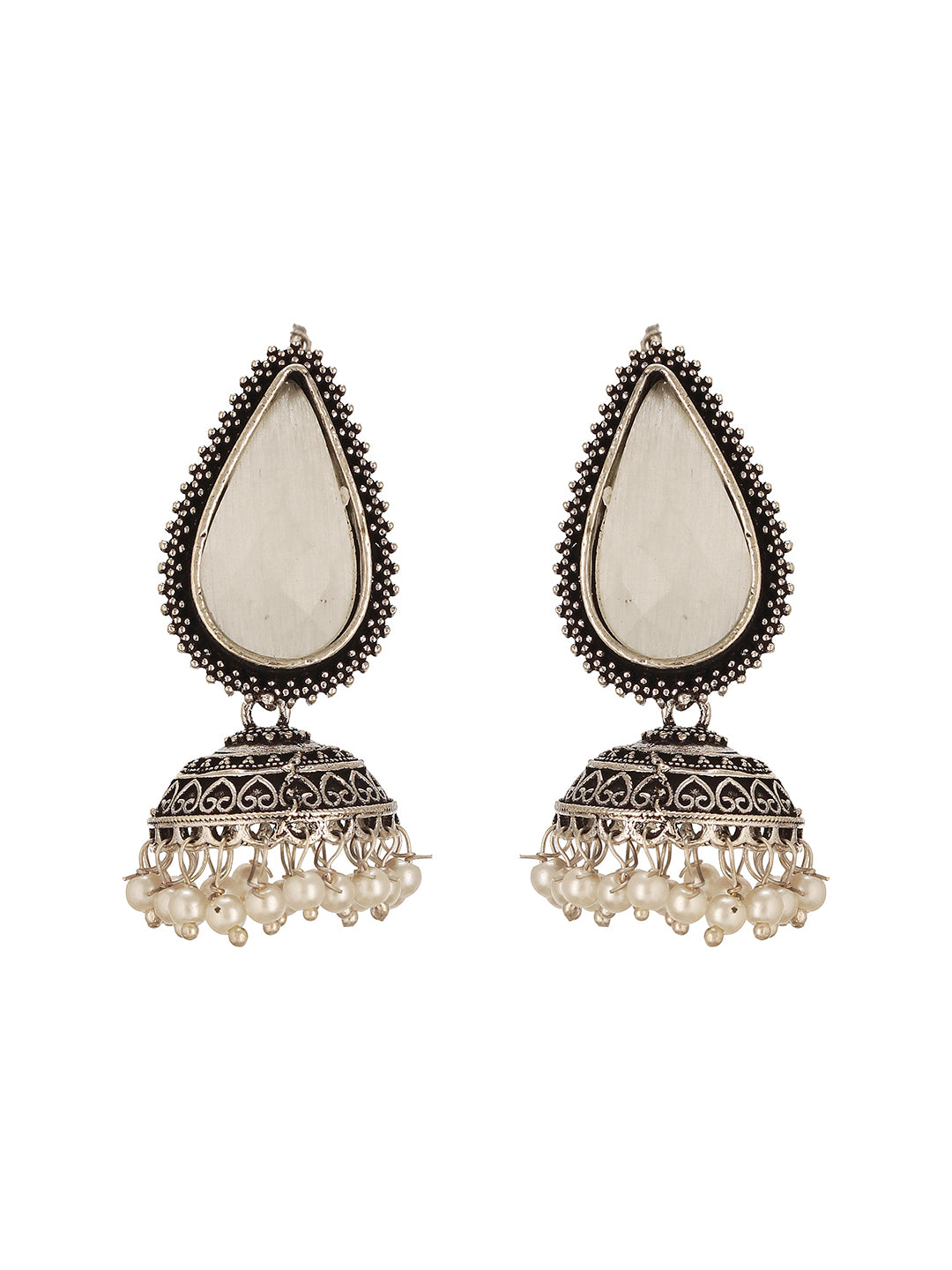 Oxidised Silver-Toned White  Stone & Pearl Beaded  Teardrop Stone Handcrafted Jhumka Earrings
