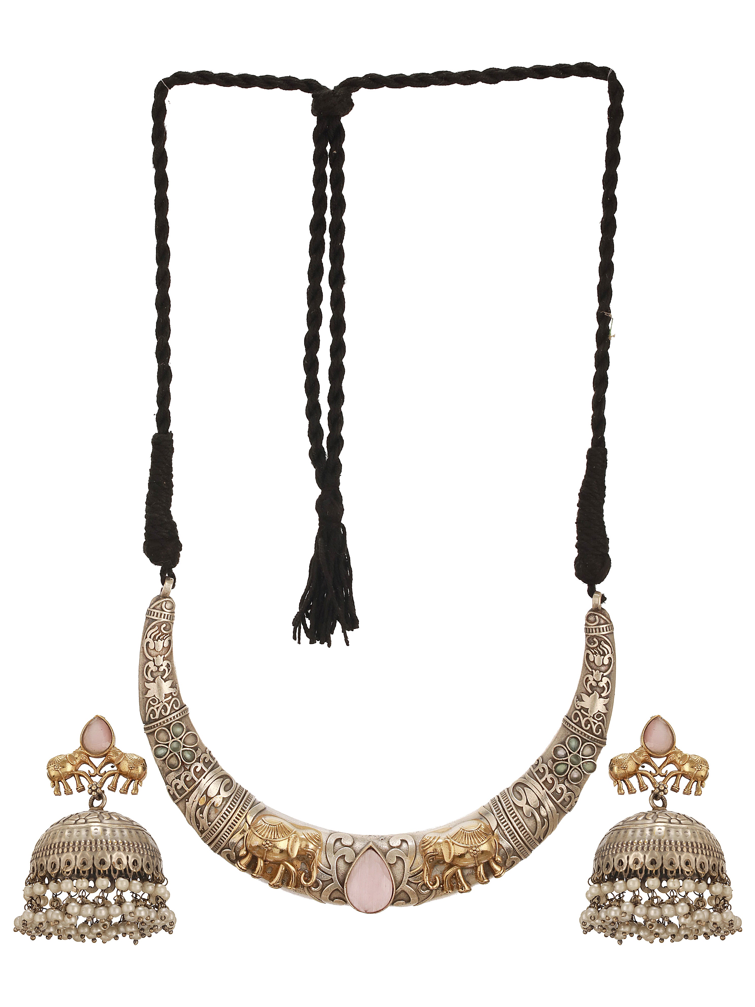 Oxidised Silver Plated Fusion Contemporary  Elephant Motif Statement Hasli With Jhumka Jewellery Set