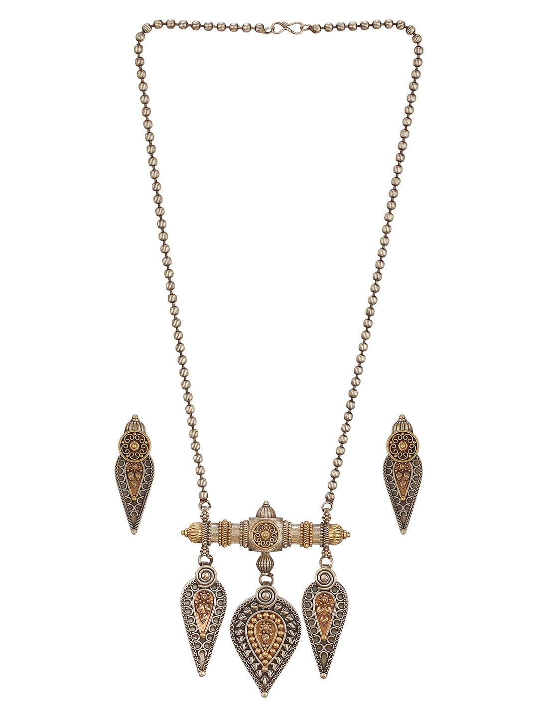 Oxidised Dual Toned Long Haram Leafy  Statement Tribal Pendant Jewellery Set