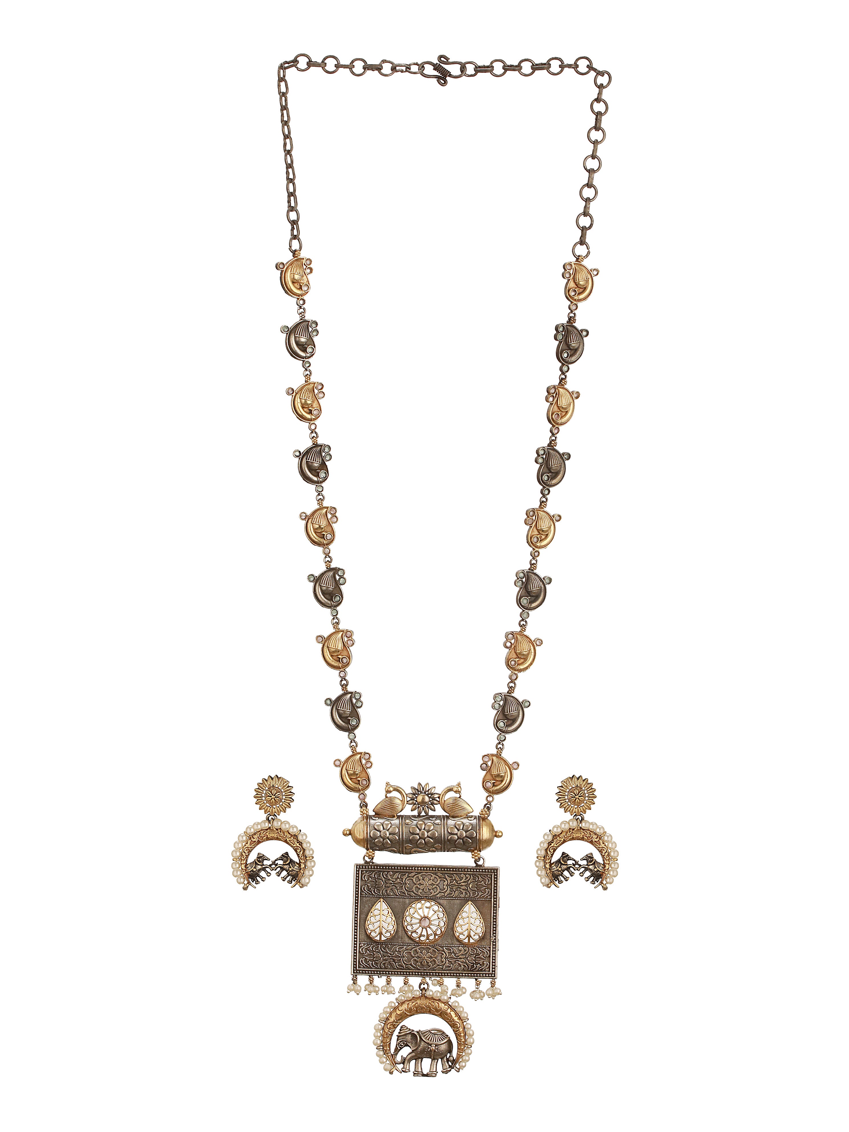Oxidised Dual Toned Statement Fusion Tribal Elephant Leafy Contemporary Long Pendant Jewellery Set