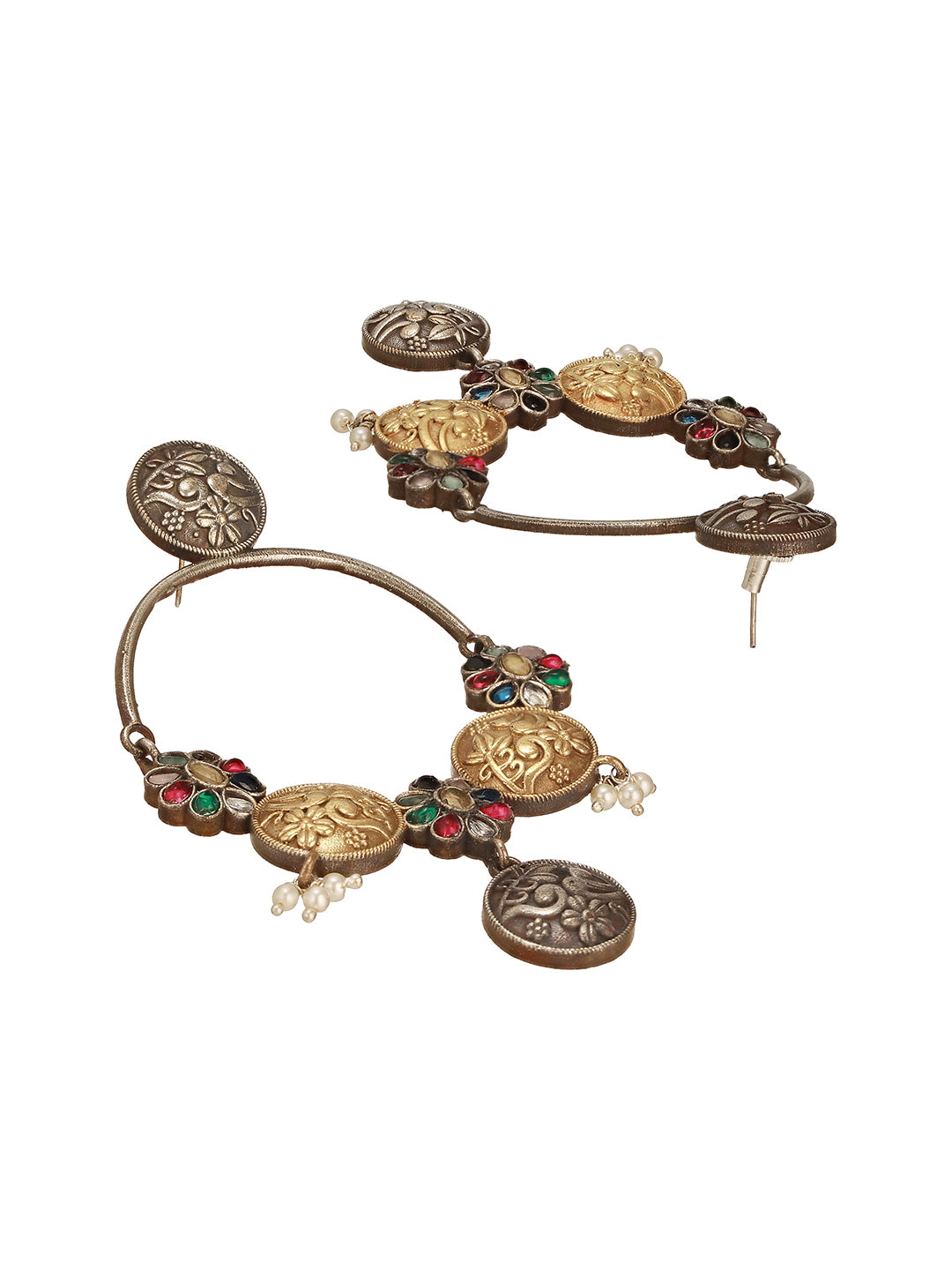 Oxidised Dual Toned Red Stone Pearl Beaded Handcrafted  Floral  Filigree large  Hoop  Chandbali Earrings