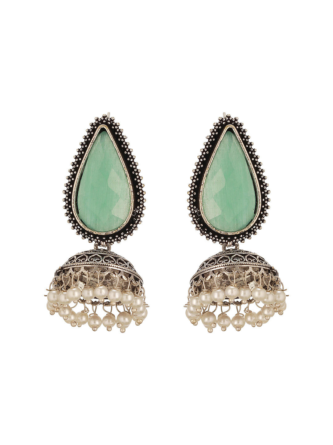Oxidised Silver-Toned Green Stone & Pearl Beaded Teardrop Stone Handcrafted Jhumka Earrings
