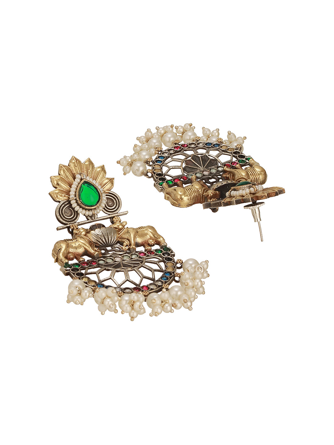 Antique Gold Oxidised Emerald Green Stone & Pearl Beaded Nandi Motif  Tribal Contemporary Chandbali Dangler Earrings