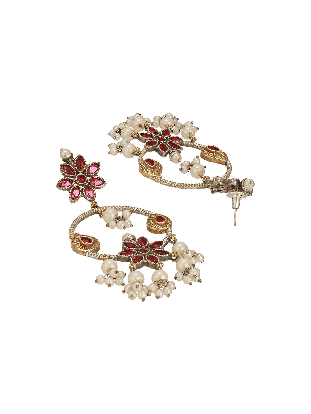 Antique Gold-Toned Pink Stones With Pearl Drop  Floral Hoop Contemporary  Earrings