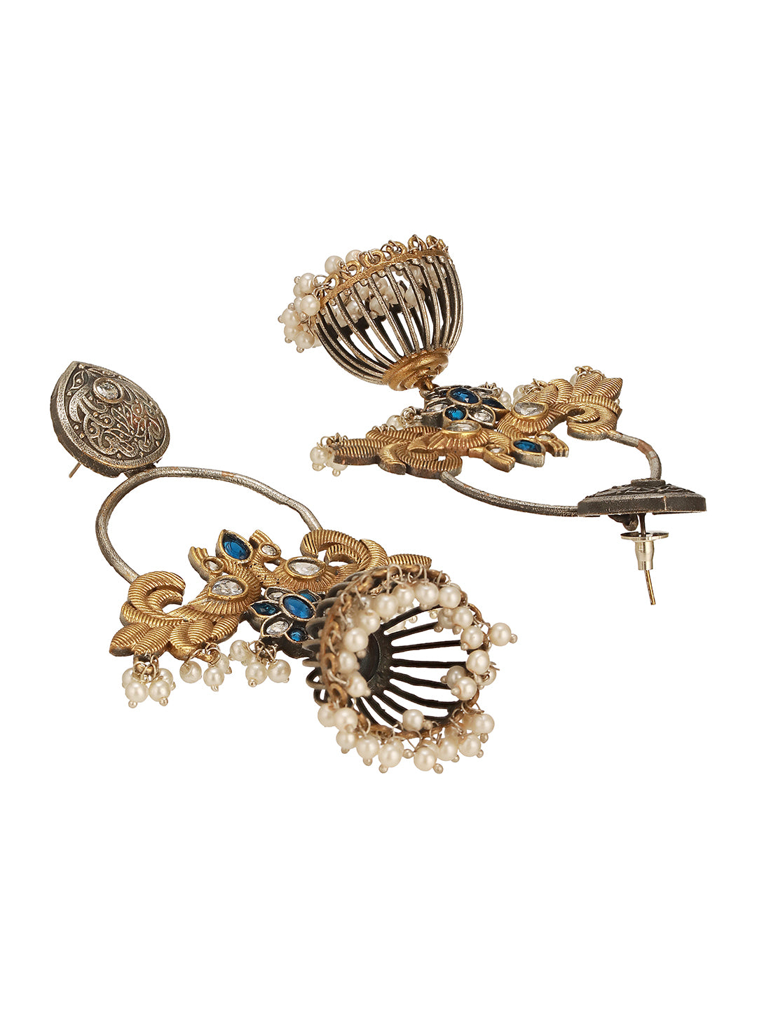 Oxidised Dual Toned Pearl Beaded Floral Peacock  Design Contemporary  Hoop Jhumka Earrings